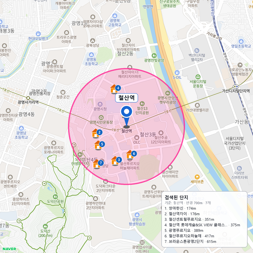 철산역 역세권 아파트 단지 및 역까지 거리